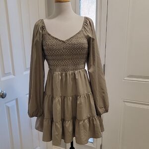 Chic Long Sleeve Smocked Dress in Olive Green